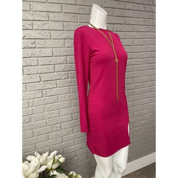 Nastygal  Bright Pink Ribbed Long Sleeve Bodycon Dress Size 8 - Picture 3 of 10